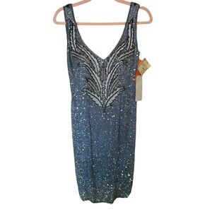 VTG Loehmann’s Dress Size 8  Womens Blue Silk‎ Beaded Cocktail Formal Sheath
